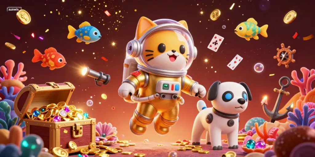 Experience the thrill of sunwin's cosmic gaming adventure with an astronaut cat and robot dog among treasures.