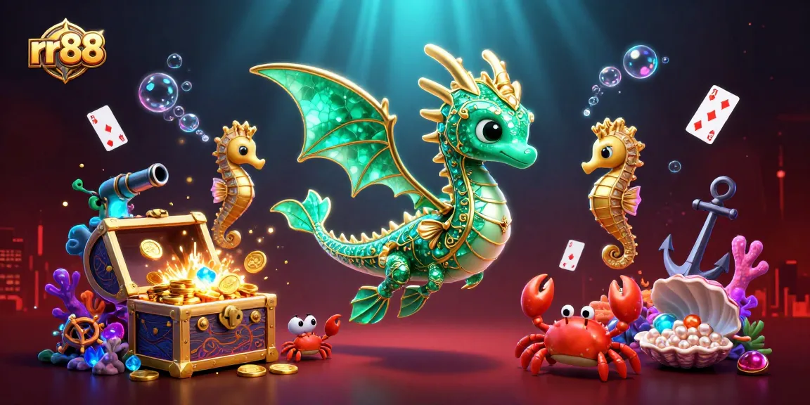 Experience thrilling gaming with rr88's captivating 3D scene featuring an emerald sea dragon and treasure around a casino environment.