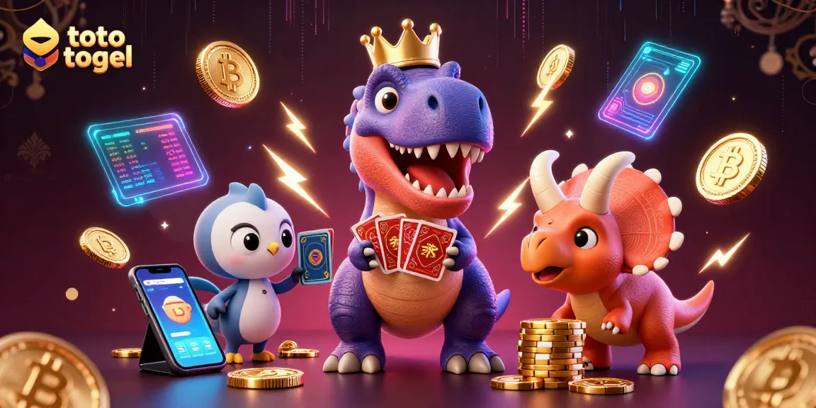 Engage in thrilling toto togel excitement with a playful T-Rex card shuffling and friends amidst vibrant crypto elements.