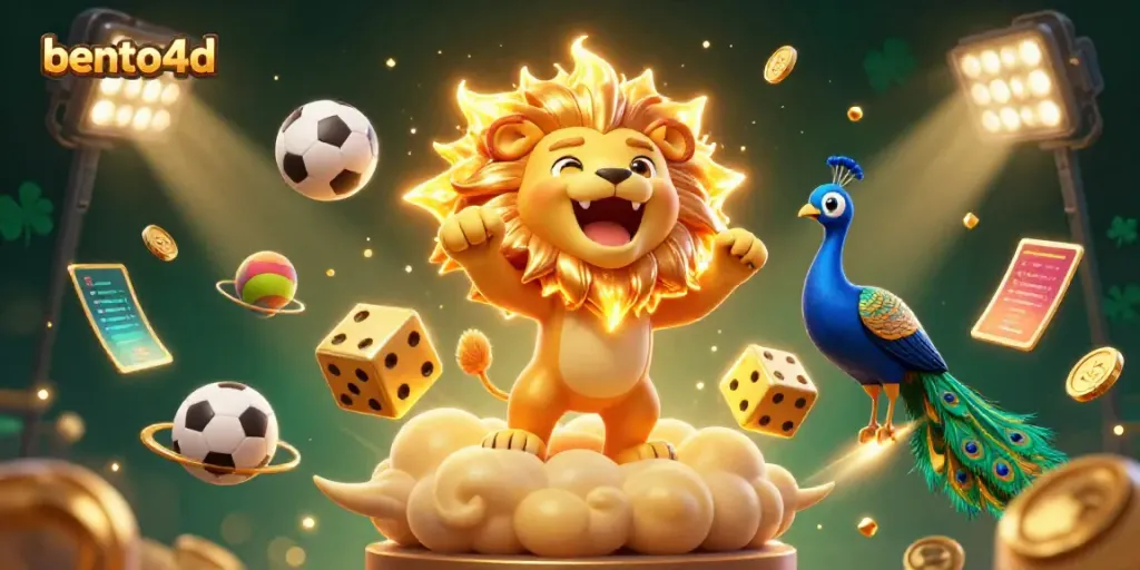 Bento4d showcases an exciting casino scene with a roaring lion and dynamic sports elements.