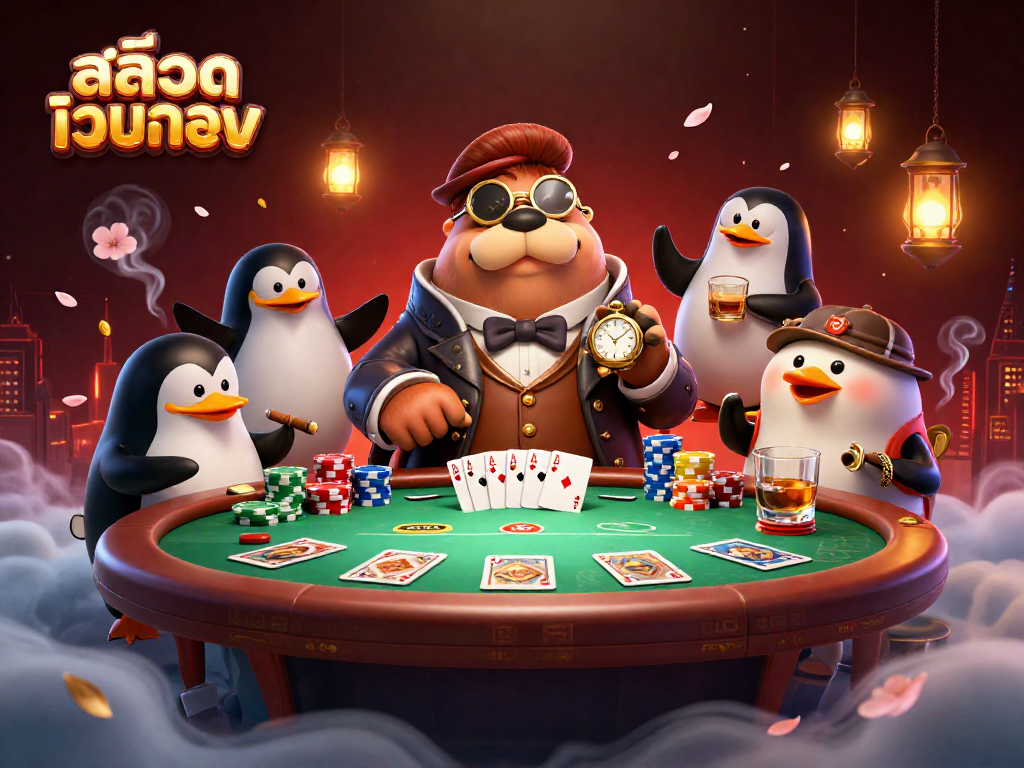 Play สล็อตเว็บตรง with a jolly walrus at an underwater poker table, showcasing vibrant casino elements.