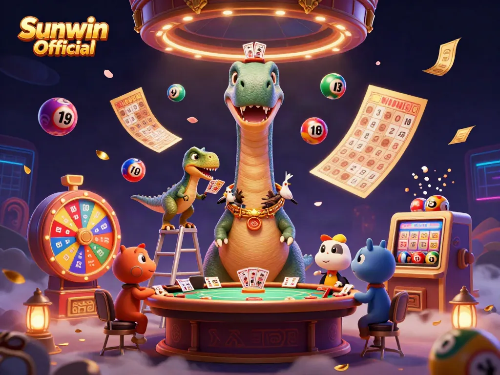Experience the thrill of Sunwin Official with a vibrant casino scene featuring a towering brontosaurus and dynamic gaming elements.