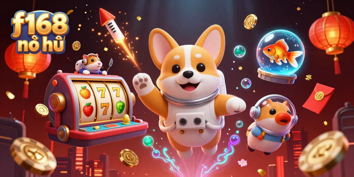 Experience the thrill of f168 nổ hũ with a lively 3D casino scene featuring slots and festive decorations.