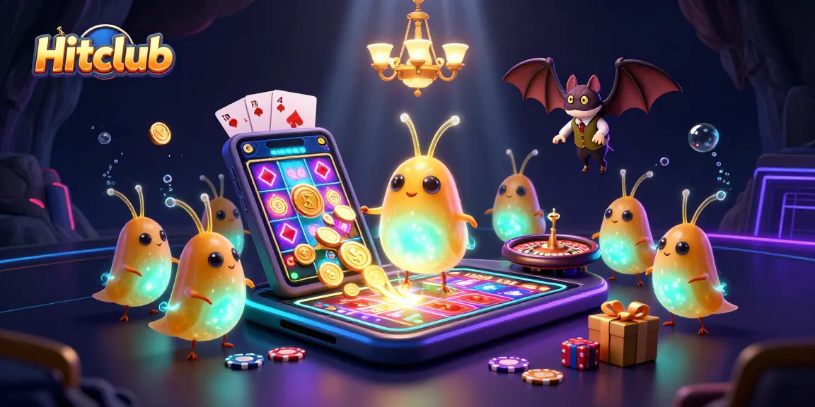 Hitclub glowworms illuminate a vibrant cave casino scene with a slotted smartphone, festive poker chips, and a bat dealer.
