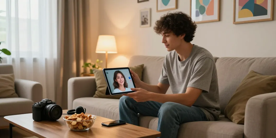 Man engaging with his AI girlfriend on a tablet in a cozy modern living room.