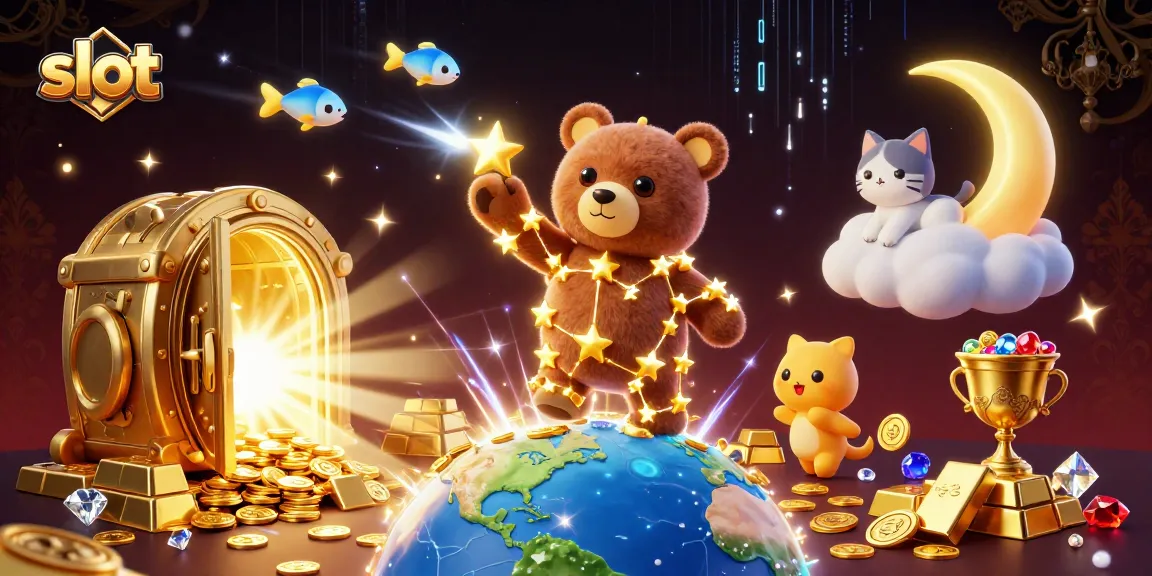 Menang besar di slot dengan bintang berkilau dan harta berlimpah dalam ilustrasi 3D yang fantastis.