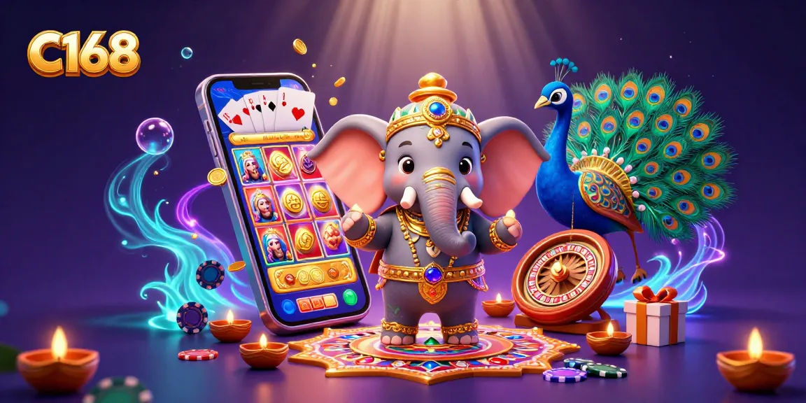 Experience C168 with a vibrant 3D illustration of a cartoon elephant and peacock amidst gaming excitement.