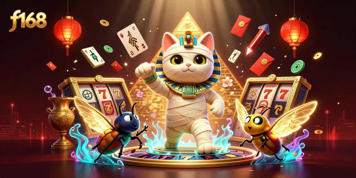 Experience big wins at f168 with an Egyptian mummy cat bursting from a golden sarcophagus in vibrant casino action.