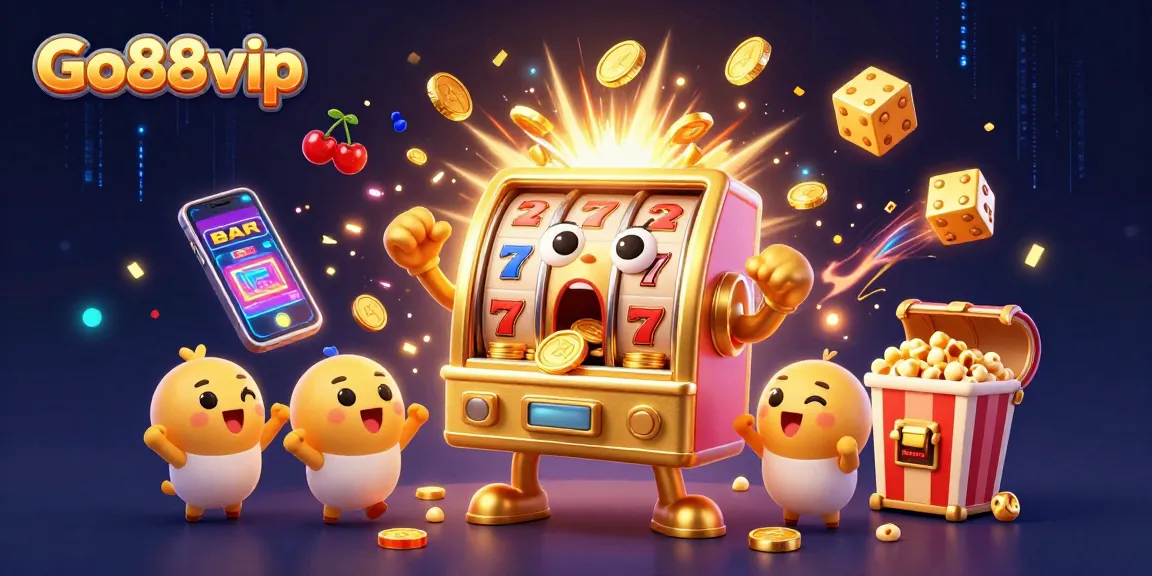 Go88vip presents a lively scene with a golden slot machine celebrating a jackpot, surrounded by cheering baby machines and vibrant casino elements.