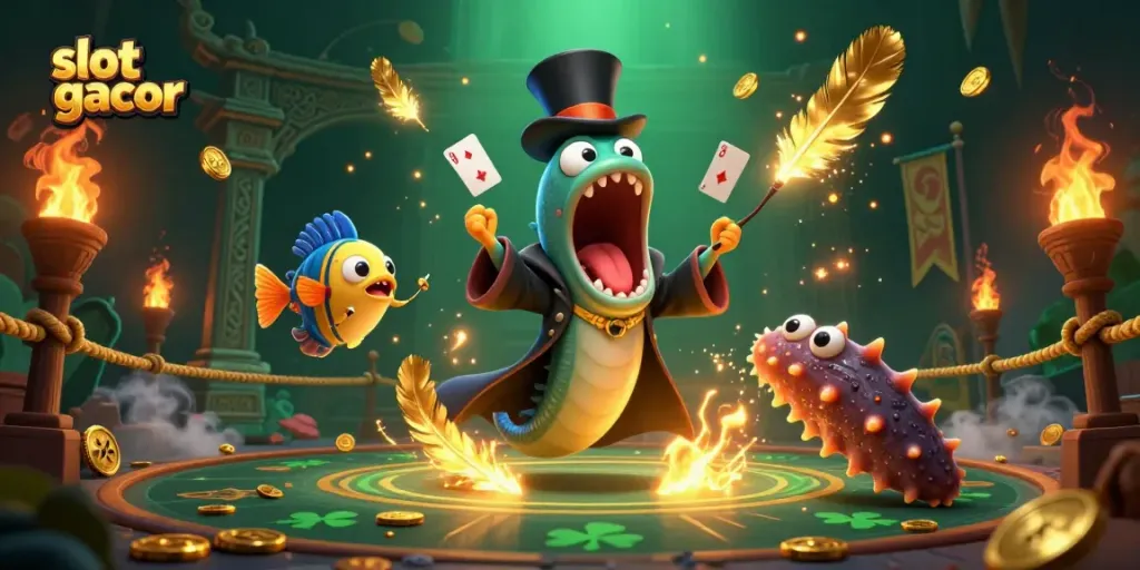 Mesin slot gacor menampilkan aksi permainan dengan simbol berkilau dan nuansa kasino yang meriah.