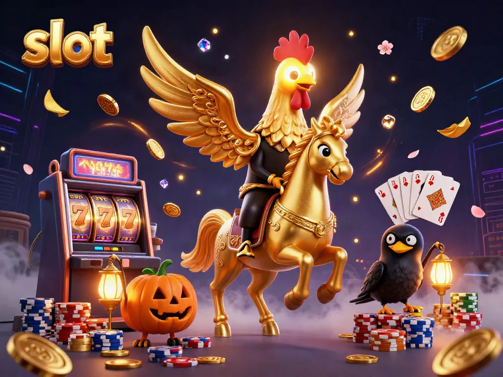 Slot permainan yang menampilkan karakter unik dan elemen kasino meriah di latar malam yang dramatis.