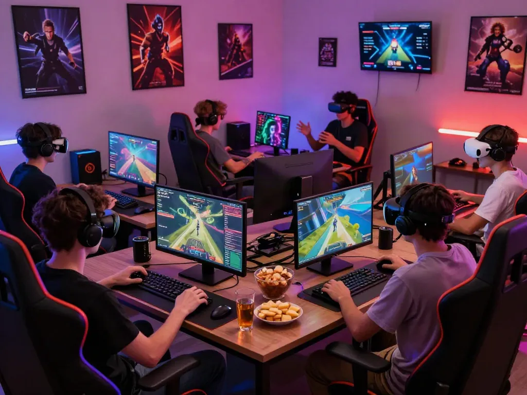 A group of friends enjoying an akunjp gaming session in a lively, colorful room.