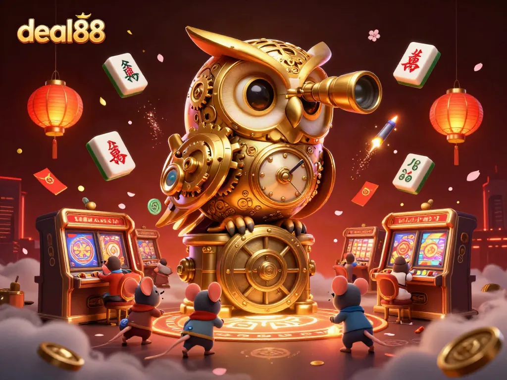 Engage with deal88 in a vibrant casino scene featuring a golden owl and joyous patrons.
