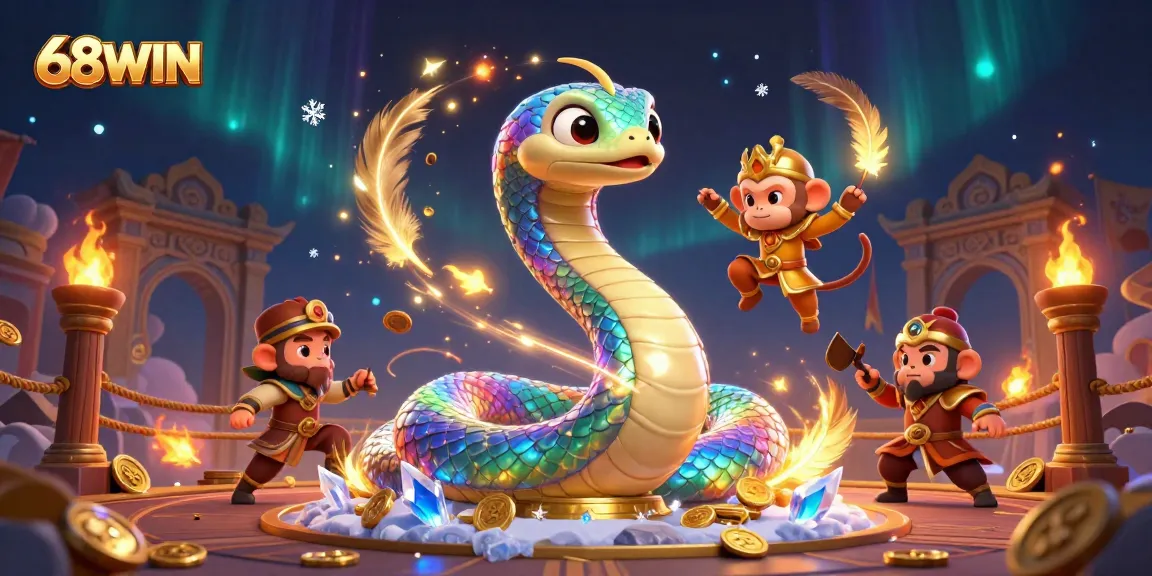 68WIN invites players into a vibrant casino world, showcasing colorful gaming elements with a lively serpent and king.