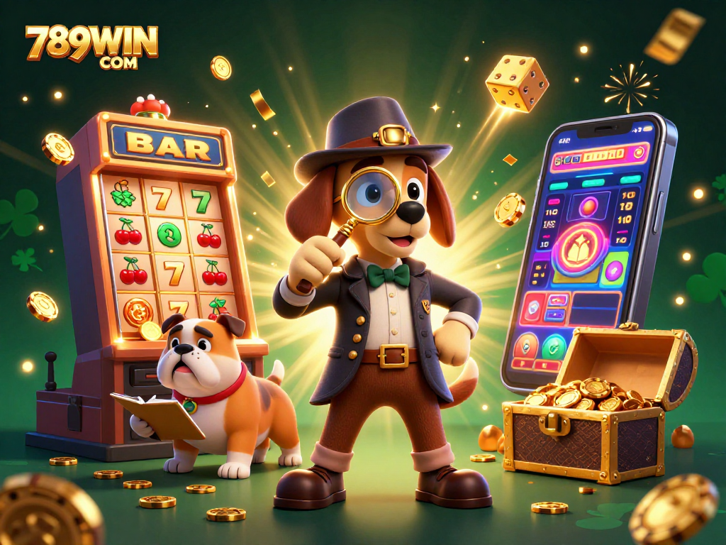 Explore thrilling wins at 789WIN COM with a detective scene featuring casino games and treasure.