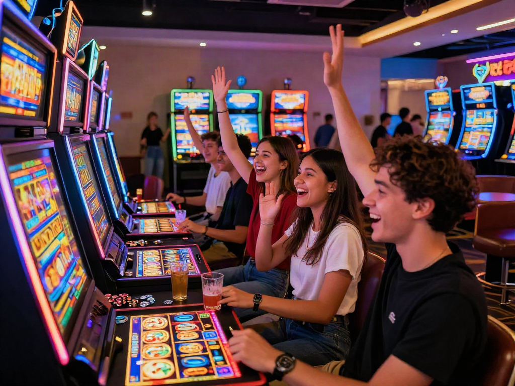 Exciting bandar slot gaming scene with friends celebrating a jackpot win.