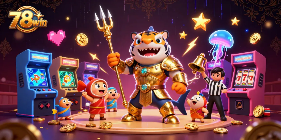 Engage with 78win in a colorful underwater casino scene featuring a shark and game elements.
