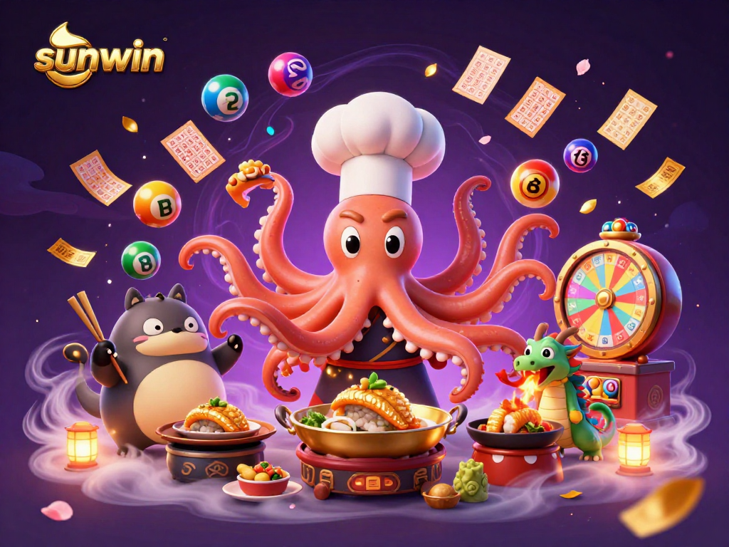 Experience vibrant casino action in the sunwin scene featuring a sushi chef octopus, dragon, and tanuki amidst lively lottery elements.