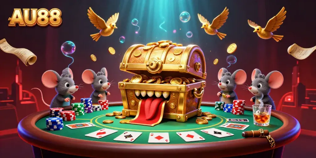 Engage with AU88's vibrant casino world showcasing adventure mice and golden treasure.