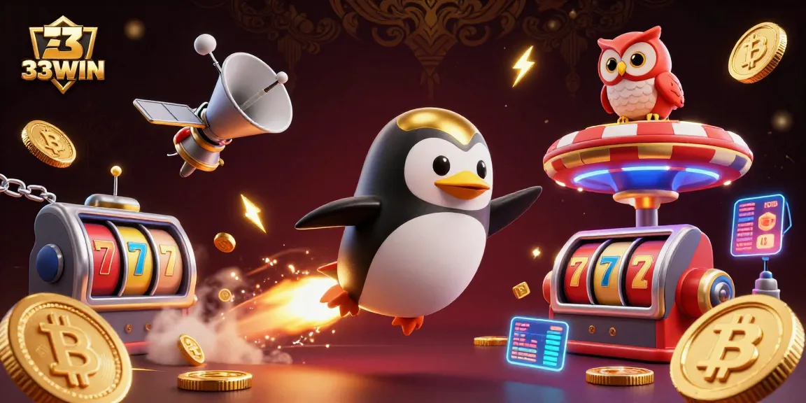 Experience the thrill of 33WIN's exciting casino with a golden penguin launching towards fun gaming adventures.