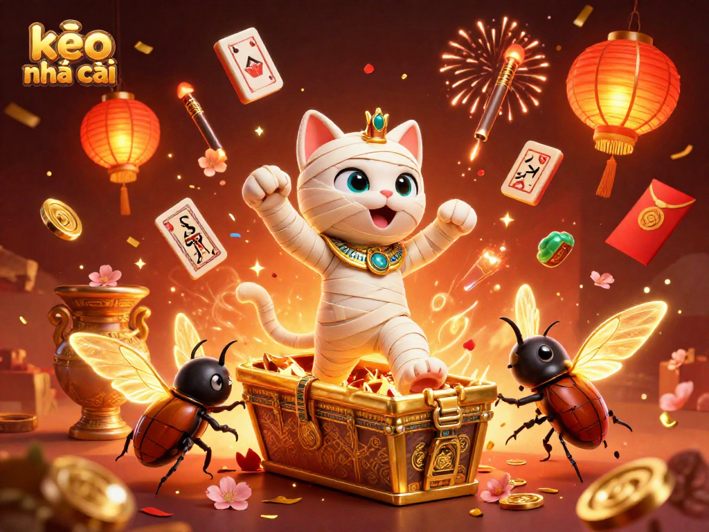 Engage with kèo nhà cái excitement featuring a 3D mummy cat, pyramid casino, and festive decorations.