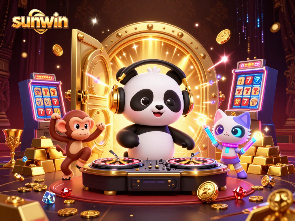 Experience excitement at Sunwin with a DJ panda and action-packed casino scene full of treasures.