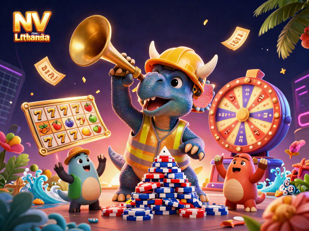 Celebrate NV casino Lithuania with cartoon dinosaurs building poker chip pyramids.