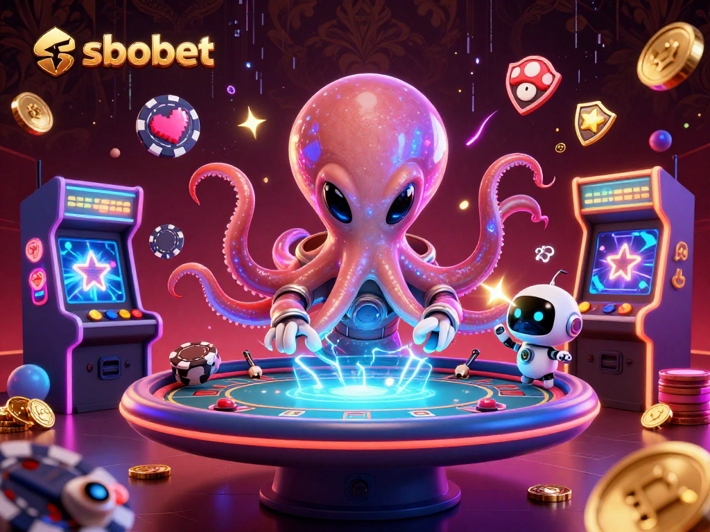Bet on sbobet as a colorful alien octopus manages a holographic poker game amidst a vibrant cosmic scene