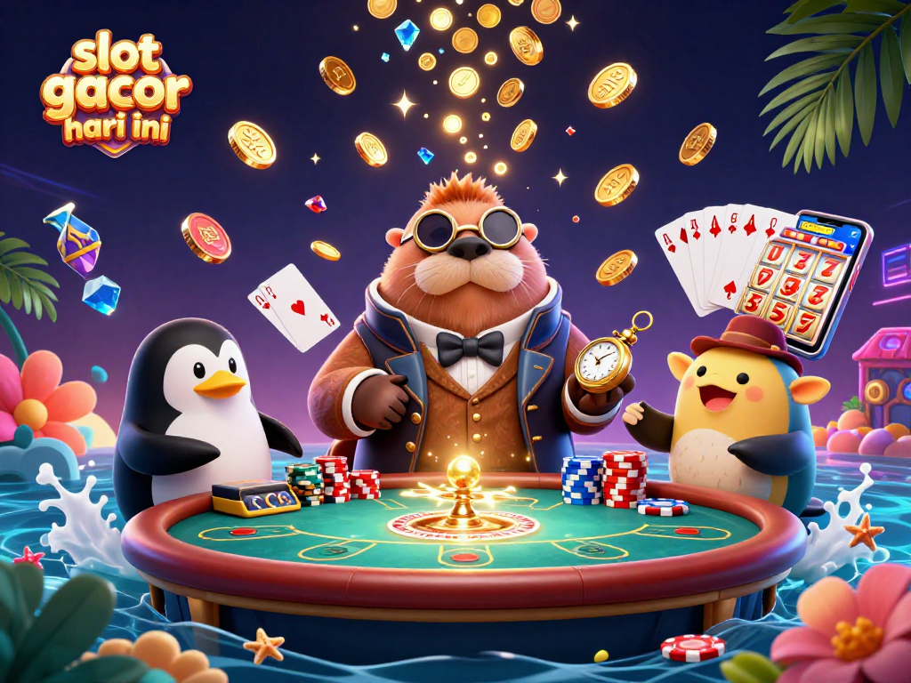 Menghadapi keberuntungan di slot gacor hari ini dengan walrus jolly dan dealer penguin di meja poker bawah laut.