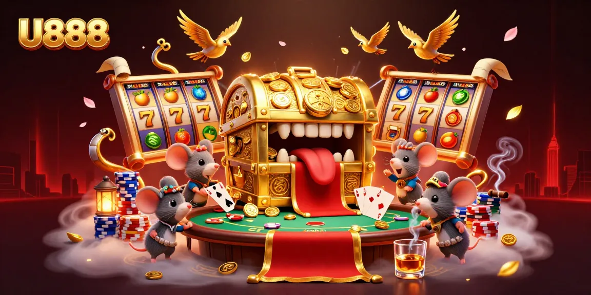 Engage with U888's vibrant casino illustration showcasing slot reels and golden treasures.