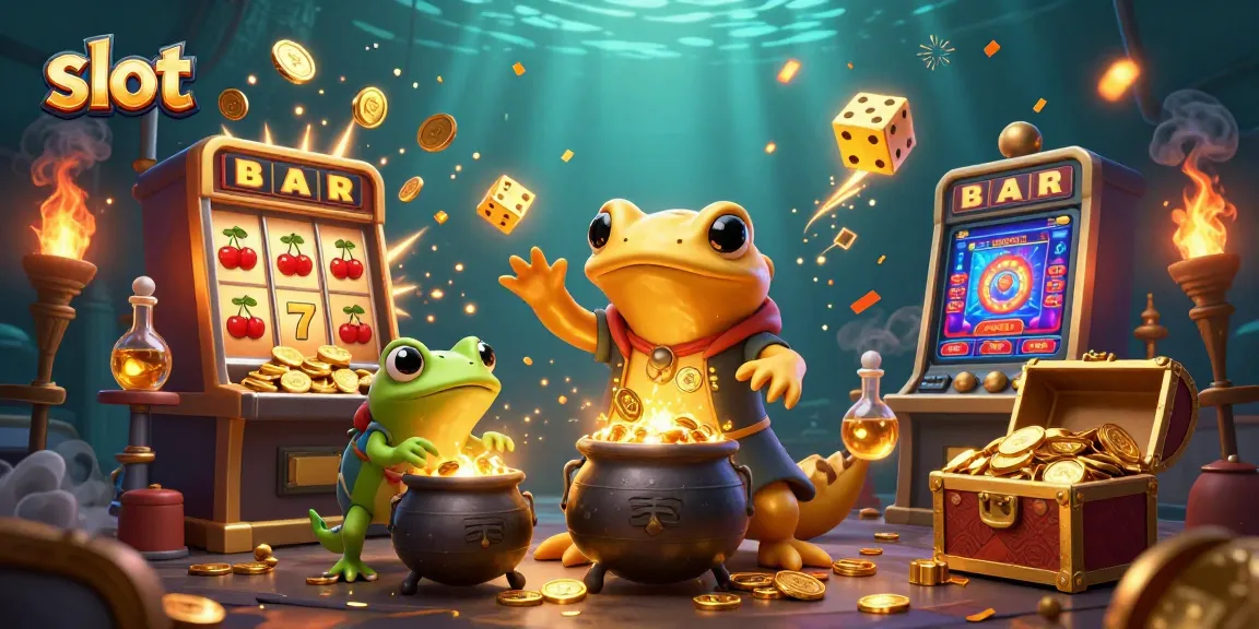 Menggulung slot dengan salamander emas yang besar menyulap koin emas dan simbol keberuntungan melayang di sekitar