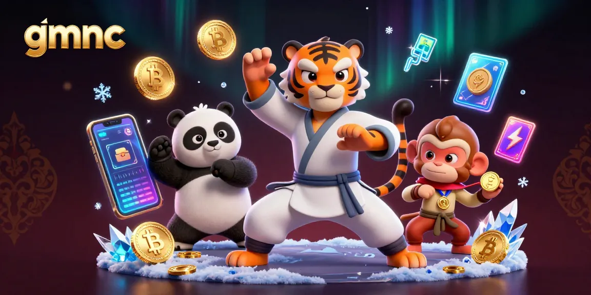 Experience gmnc's thrilling insights with a kung fu tiger, panda, and monkey exploring crypto casino elements.