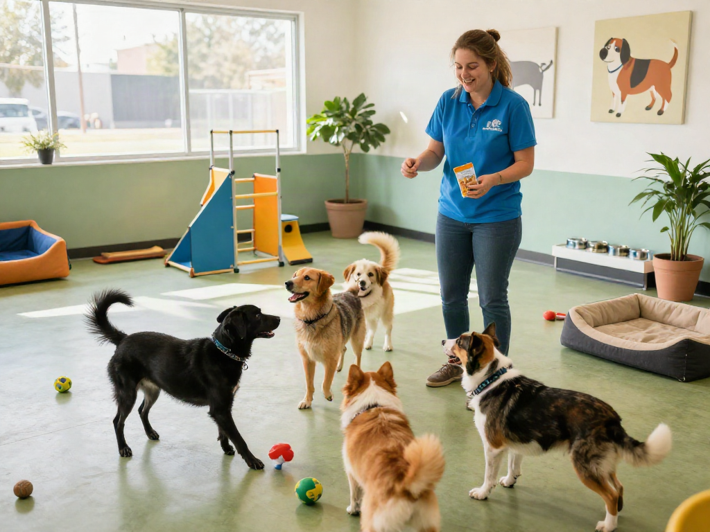 Engaging dog daycare ambiance with staff ensuring playful dogs are well cared for, highlighting deposit 10k in pet services.