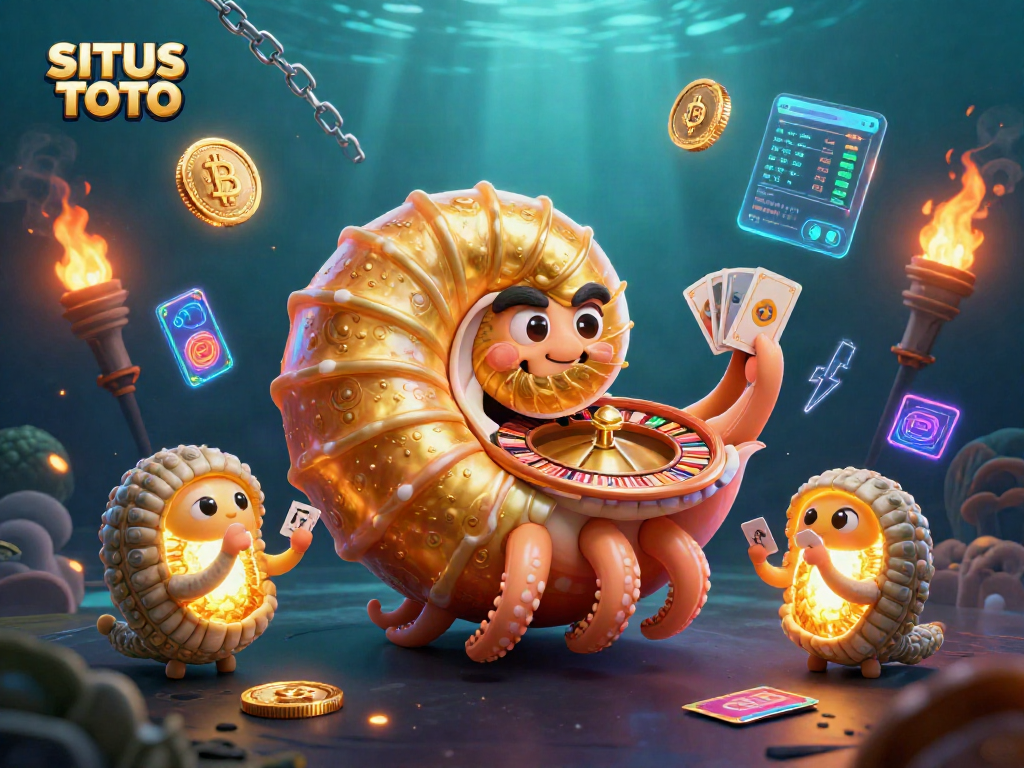 SITUS TOTO showcases a vibrant underwater scene featuring a giant nautilus and crypto elements in action.