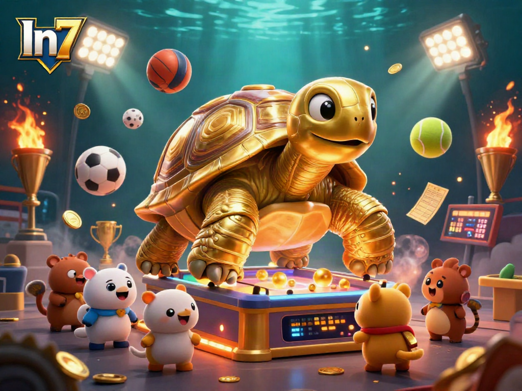 Bet on In7 at the vibrant casino scene featuring a golden tortoise pinball machine.