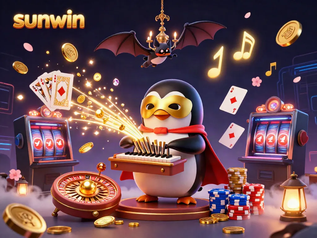 Engage with Sunwin's vibrant casino world featuring golden coins, a playful penguin, and festive casino elements.