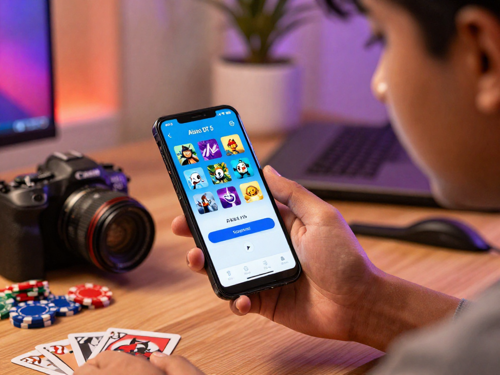 Young player logging in to the Alano Dt 5 app while surrounded by gaming elements.