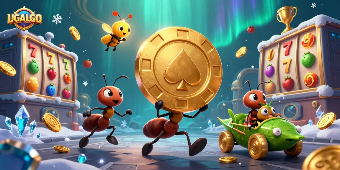 LIGALGO showcases a lively heist scene with ants, slot reels, and sparkling coins in a whimsical casino adventure.