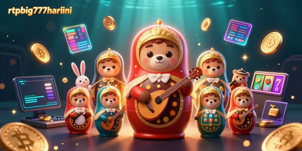 Experience rtpbig777hariini with dynamic casino elements in an engaging 3D scene featuring whimsical characters and crypto.