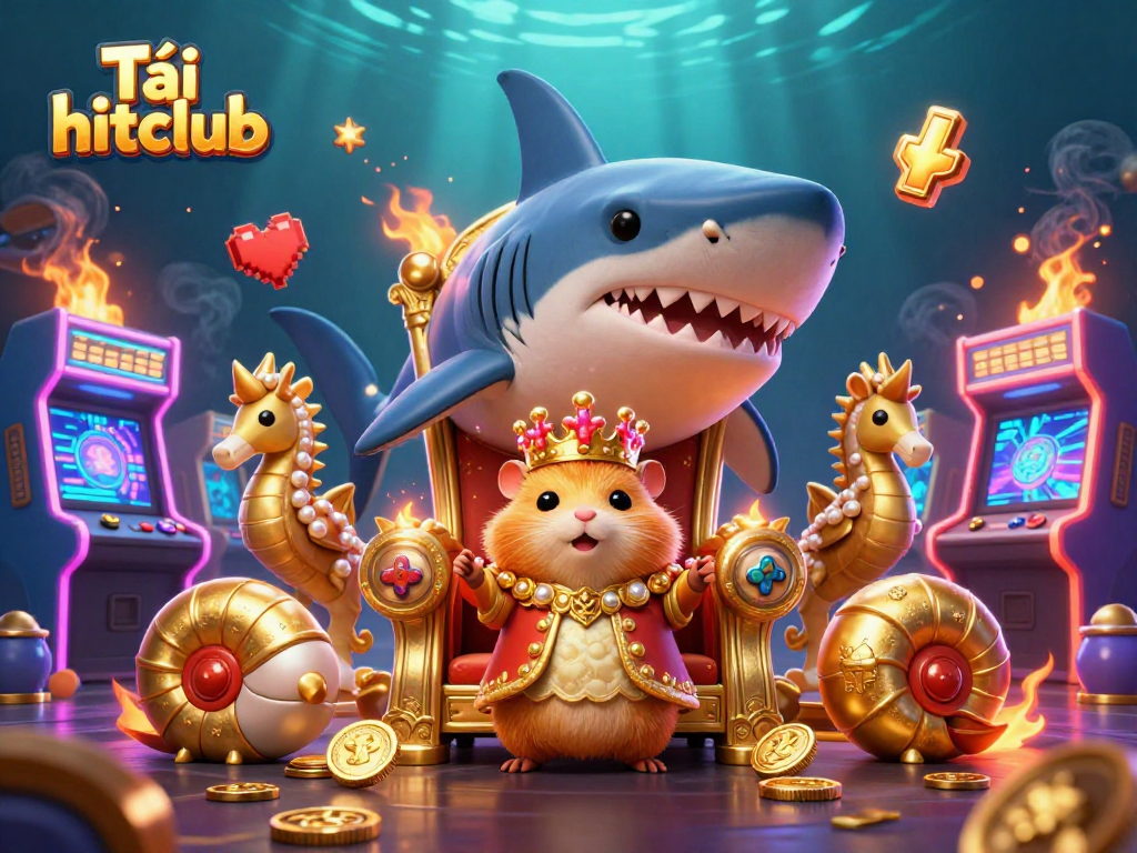 Play 2026's Tải hitclub, featuring a fierce hamster king and dynamic gaming elements in a vibrant casino scene.