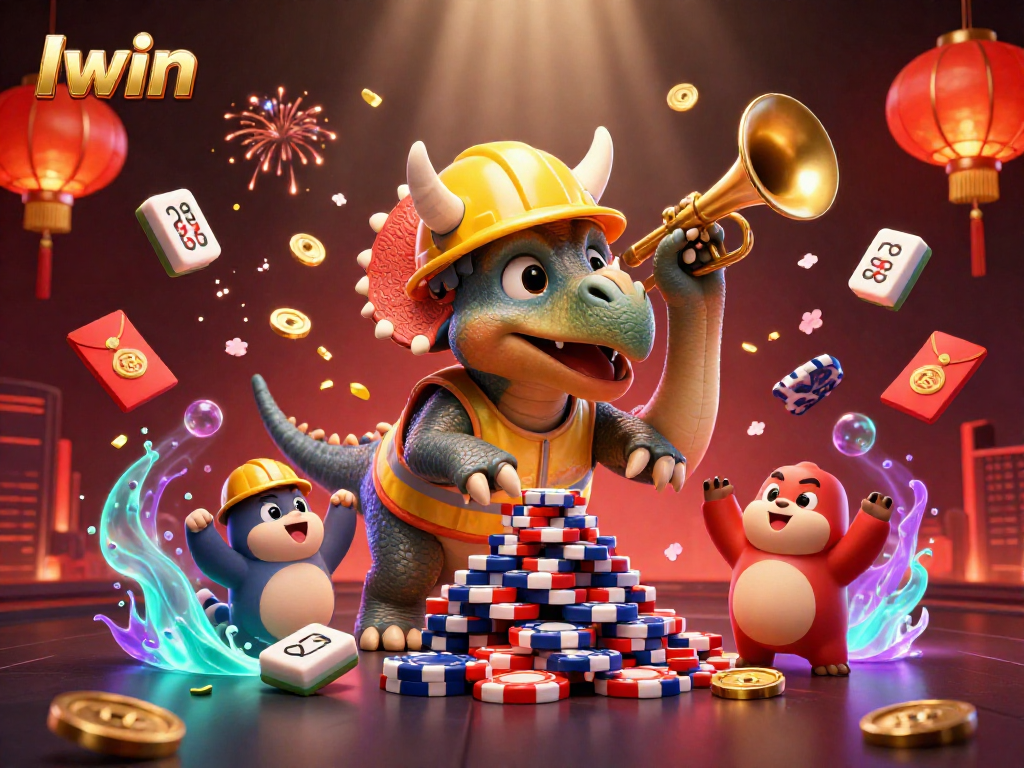 Iwin's vibrant casino scene features a triceratops building poker chip pyramids amidst joyful celebrations.
