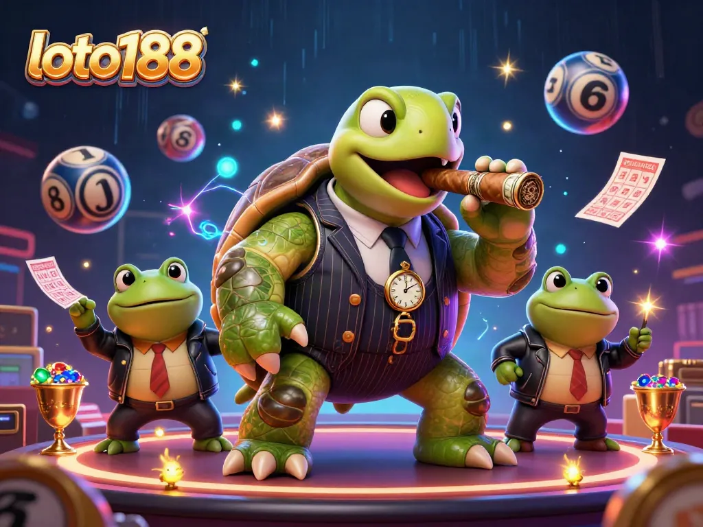 Loto188 featuring a cartoon turtle in a mobster suit and frog enforcers celebrating lottery wins.