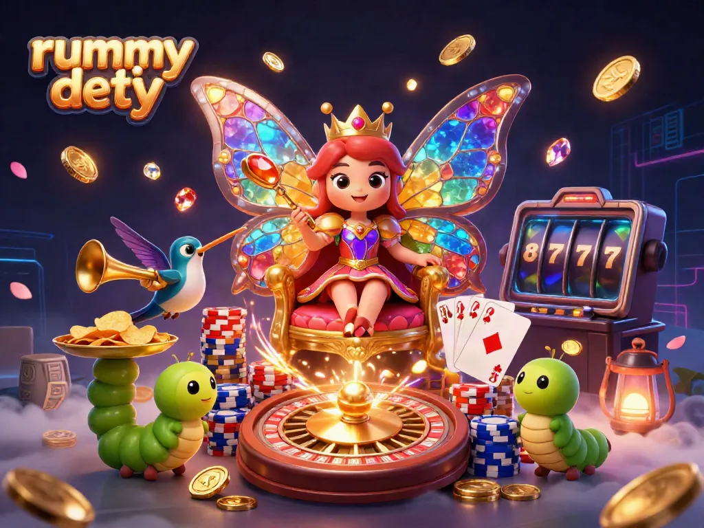 Rummy deity bermain dengan karakter 3D, uang emas dan kartu ditampilkan di sekitar dalam ilustrasi.