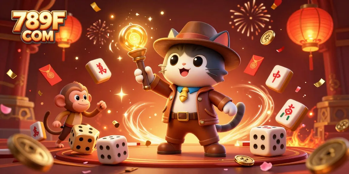 Experience the excitement of 789F COM with a vibrant illustration of a treasure hunt in a casino temple.
