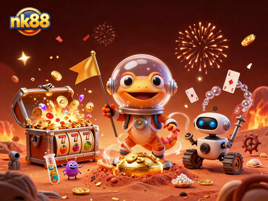 Experience the thrill of nk88 with a vibrant 3D Martian gecko discovering a golden casino.