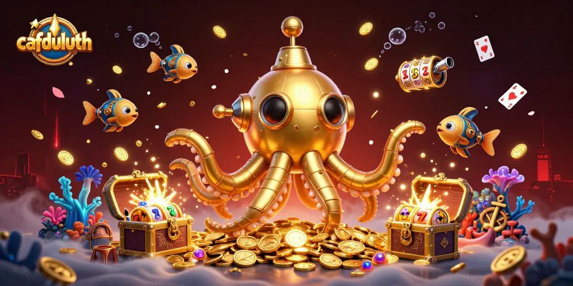 Play slots with cafduluth's immersive 3D illustration featuring golden kraken and slot reels amidst gold coins.