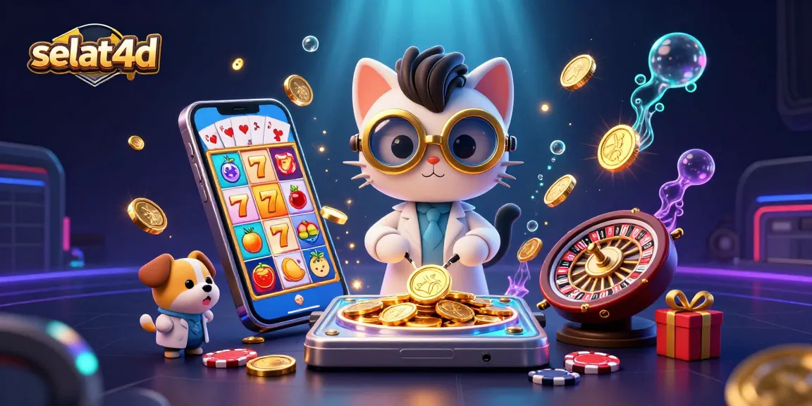 Experience the magic of selat4d through a mad scientist cat and assistant in a lively casino setting.
