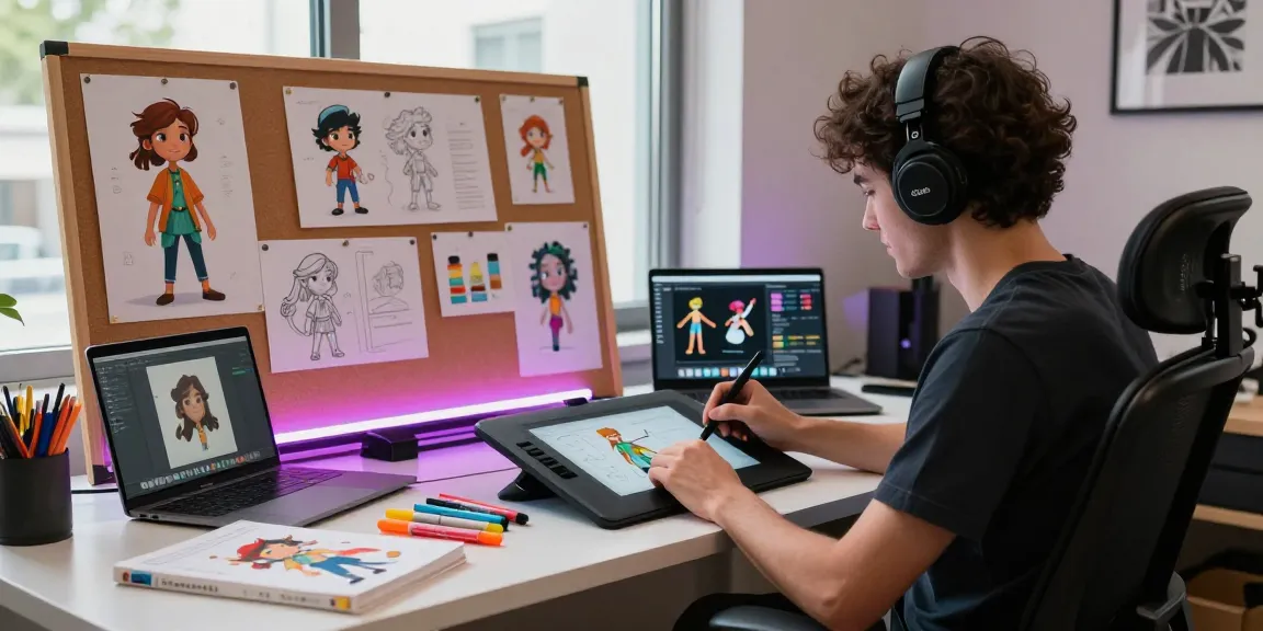 Digital artist designing Crushon AI characters in a vibrant workspace full of creativity.