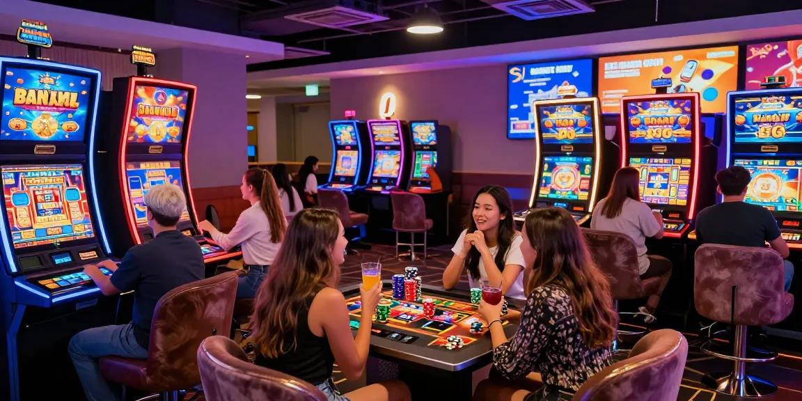 Engaging friends playing bonus buy slots uk at a lively online casino with colorful graphics.