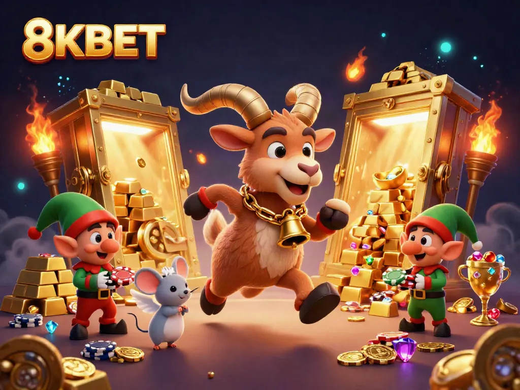 Join the excitement at 8KBET, where a Krampus goat manages chaos in a festive casino scene.